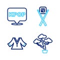 Set line Bonsai tree, Kimono, Sushi with chopsticks and K-pop icon. Vector Royalty Free Stock Photo