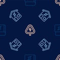 Set line Book about electricity, Smart home and High voltage on seamless pattern. Vector