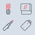 Set line Book about electricity, Soldering iron, Battery charge and LED light bulb icon. Vector