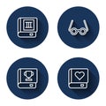 Set line Book, Glasses, and Romance book with long shadow. Blue circle button. Vector Royalty Free Stock Photo