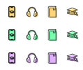Set line Book, Graduation cap on mobile, Headphones and with cursor icon. Vector