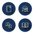 Set line Book, Graduation cap in speech bubble, Question and Answer and Audio book with long shadow. Blue circle button Royalty Free Stock Photo