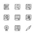 Set line Book, Law book, Pen, Decree, parchment, scroll, Financial and User manual icon. Vector