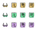 Set line Book about physics, Glasses, User manual and Books programming icon. Vector