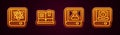 Set line Book about physics, Open book, Chemistry and User manual. Glowing neon icon. Vector Royalty Free Stock Photo