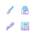 Set line Book with pistol or gun, Anti-tank hand grenade, Hunting and Buying. Gradient color icons. Vector