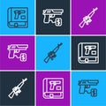 Set line Book with pistol or gun, M16A1 rifle and Buying icon. Vector