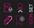 Set line Bookmark, Paper clip, Office chair and Document and check icon. Vector