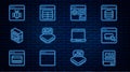Set line Books about programming, Browser files, setting, Processor, Computer, System bug, Laptop and MySQL code icon Royalty Free Stock Photo