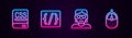 Set line Books about programming, Programming language syntax, Hacker or coder and Computer mouse. Glowing neon icon Royalty Free Stock Photo