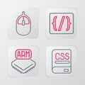 Set line Books about programming, Processor, Programming language syntax and Computer mouse icon. Vector