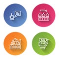 Set line Bot, Industrial production of robots, Error in and Robot low battery charge. Color circle button. Vector