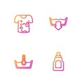 Set line Bottle for cleaning agent, Temperature wash, Dirty t-shirt and Washing modes. Gradient color icons. Vector