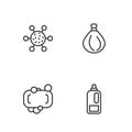 Set line Bottle for detergent, Bar of soap, Bacteria and Garbage bag icon. Vector