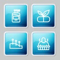 Set line Bottle of liquid soap, Medical pill with plant, Acupuncture therapy and Sauna and spa procedures icon. Vector Royalty Free Stock Photo