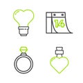 Set line Bottle with love potion, Diamond engagement ring, Calendar February 14 and Heart shape light bulb icon. Vector Royalty Free Stock Photo