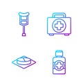 Set line Bottle of medicine syrup, Medicine pill or tablet, Crutch or crutches and First aid kit. Gradient color icons
