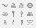 Set line Bottle with milk, Plant, Pack full of seeds of plant, Carrot, Wheelbarrow dirt, Garden pitchfork, Wheat and