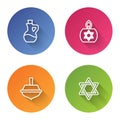 Set line Bottle of olive oil, Burning candle, Hanukkah dreidel and Star David. Color circle button. Vector Royalty Free Stock Photo