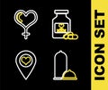 Set line Bottle with pills for potency, Condoms safe sex, Location heart and Female gender and icon. Vector