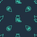 Set line Bottle with pills for potency, Location 18 plus and Devil heart horns on seamless pattern. Vector Royalty Free Stock Photo