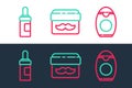 Set line Bottle of shampoo, Beard and mustaches care oil bottle and Cream or lotion cosmetic jar icon. Vector Royalty Free Stock Photo
