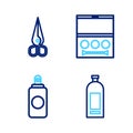 Set line Bottle of shampoo, Spray can, Eye shadow palette and Scissors icon. Vector Royalty Free Stock Photo