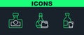 Set line Bottle of vodka with glass, Alcohol drink Rum and Whiskey bottle and icon. Vector