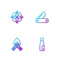 Set line Bottle of water, Campfire, Wind rose and Swiss army knife. Gradient color icons. Vector