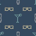 Set line Bottle of water, Glasses and Martini glass on seamless pattern. Vector Royalty Free Stock Photo