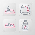 Set line Bottle of water, Muslim man prays, Turkish hat and icon. Vector