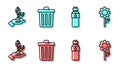 Set line Bottle of water, Plant in hand, Trash can and Leaf plant in gear machine icon. Vector