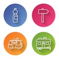 Set line Bottle of water, Road traffic signpost, Rv Camping trailer and Rv Camping trailer. Color circle button. Vector