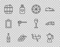 Set line Bottle of wine, Coffee moca pot, Pizza, Grape fruit, Barrel for, Pasta spaghetti, Gondola and Sport racing car