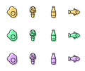 Set line Bottle of wine, Scrambled egg, Fly agaric mushroom and Fish icon. Vector Royalty Free Stock Photo