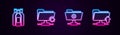 Set line Bottles of wine, FTP sync refresh, settings folder and upload. Glowing neon icon. Vector