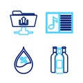 Set line Bottles of wine, Water drop percentage, Music book with note and FTP folder upload icon. Vector