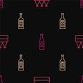 Set line Bottles of wine in a wooden box, Glass bottle vodka and Beer on seamless pattern. Vector