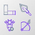 Set line Bow and fire arrow, Hunt on deer with crosshairs, Hipster tip and Cartridges icon. Vector Royalty Free Stock Photo