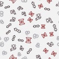 Set line Bow tie, Ball levitating above hand, Handcuffs and Magic scroll on seamless pattern. Vector