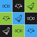 Set line Bow tie, Dove and Amour with heart and arrow icon. Vector Royalty Free Stock Photo