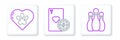 Set line Bowling pin, Heart with animals footprint and Casino chip and playing cards icon. Vector Royalty Free Stock Photo
