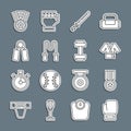 Set line Boxing glove, Medal, Japanese costume Kimono, katana, Jump rope, Sport expander, and Dumbbell icon. Vector