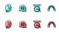 Set line Boxing gong, glove, helmet and Mouth guard boxer icon. Vector