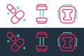 Set line Boxing helmet, Vitamin pill and Dumbbell icon. Vector