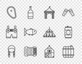 Set line Braid, Wooden barrel, Camping tent, Accordion, Steak meat, Fish, Farm House and Beer can icon. Vector