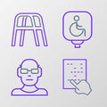 Set line Braille, Poor eyesight, Disabled wheelchair and Walker icon. Vector