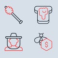 Set line Bread with honey, Beekeeper protect hat, Sale of bees and Honey dipper stick icon. Vector