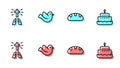 Set line Bread loaf, Hands in praying position, Dove and Ark of noah icon. Vector