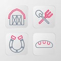 Set line Bread loaf, Horseshoe, Shovel and rake and Farm house icon. Vector